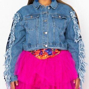 AZALEA WANG PLUS TWO STEP LACED UP FRINGED  UP DENIM JACKET